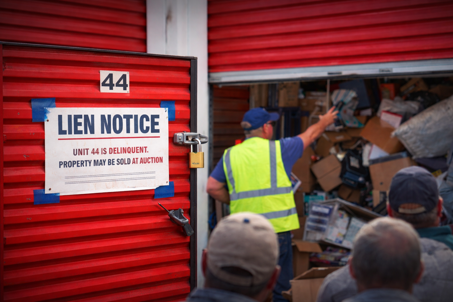 A open storage unit with a lien notice posted, showing the legal process that can lead to storage auctions.